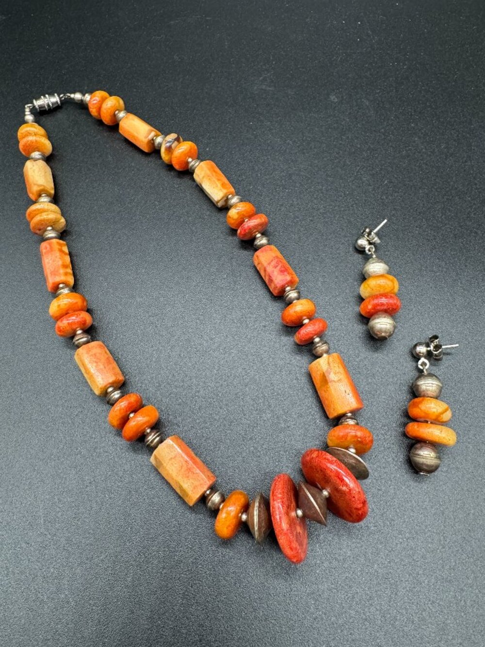 Beaded Necklace and Pierced Earrings Set Orange Faux Stones Beads